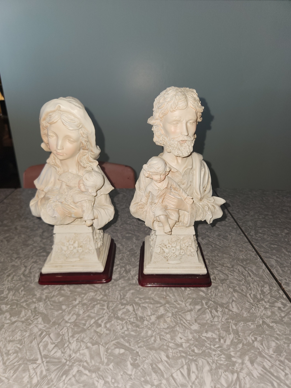 Source Unknown Ivory Religious Mary and Joseph Busts on Brown Bases